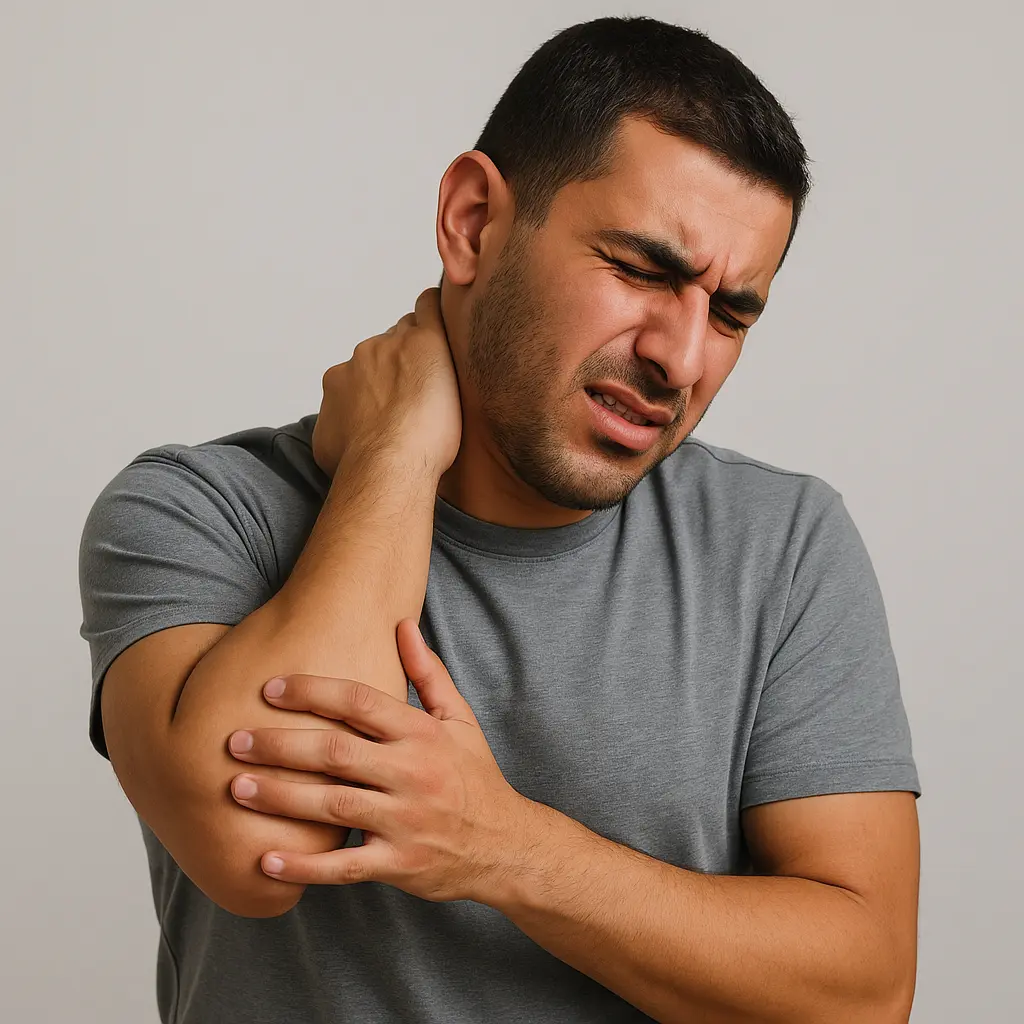 رجل أردني يعاني من آلام الرقبة والذراع ويظهر عليه ألم واضح في منطقة الرقبة والكتف