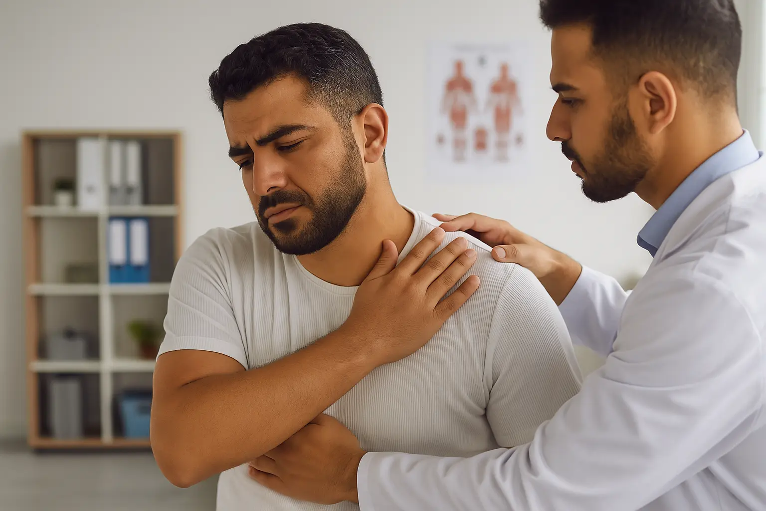 فحص طبي داخل وحدة التشخيص لتقييم مفاصل وعضلات مريض أردني في المركز التخصصي للعلاج الطبيعي.